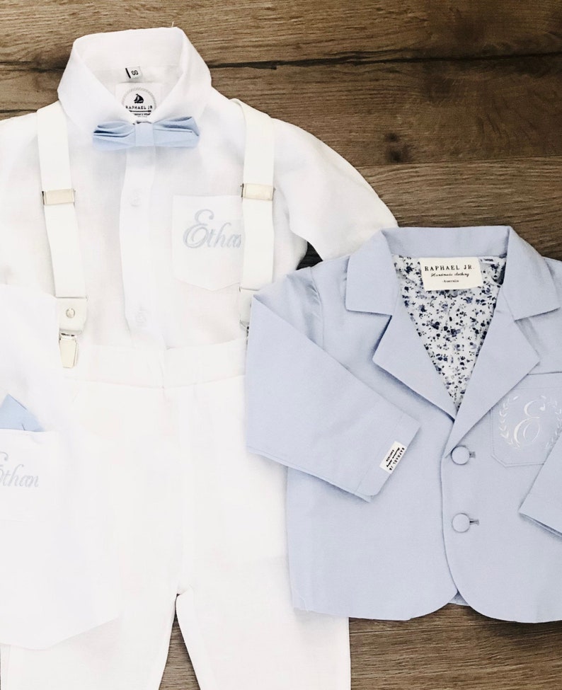 Boys baptism pants shoes and hat and Optional baby blue jacket suspenders bowtie wedding or birthday suit with white linen shirt