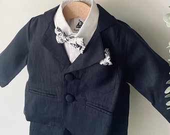 Boys navy blue 100% linen suitcoat jacket blazer with floral lining and optional monogram