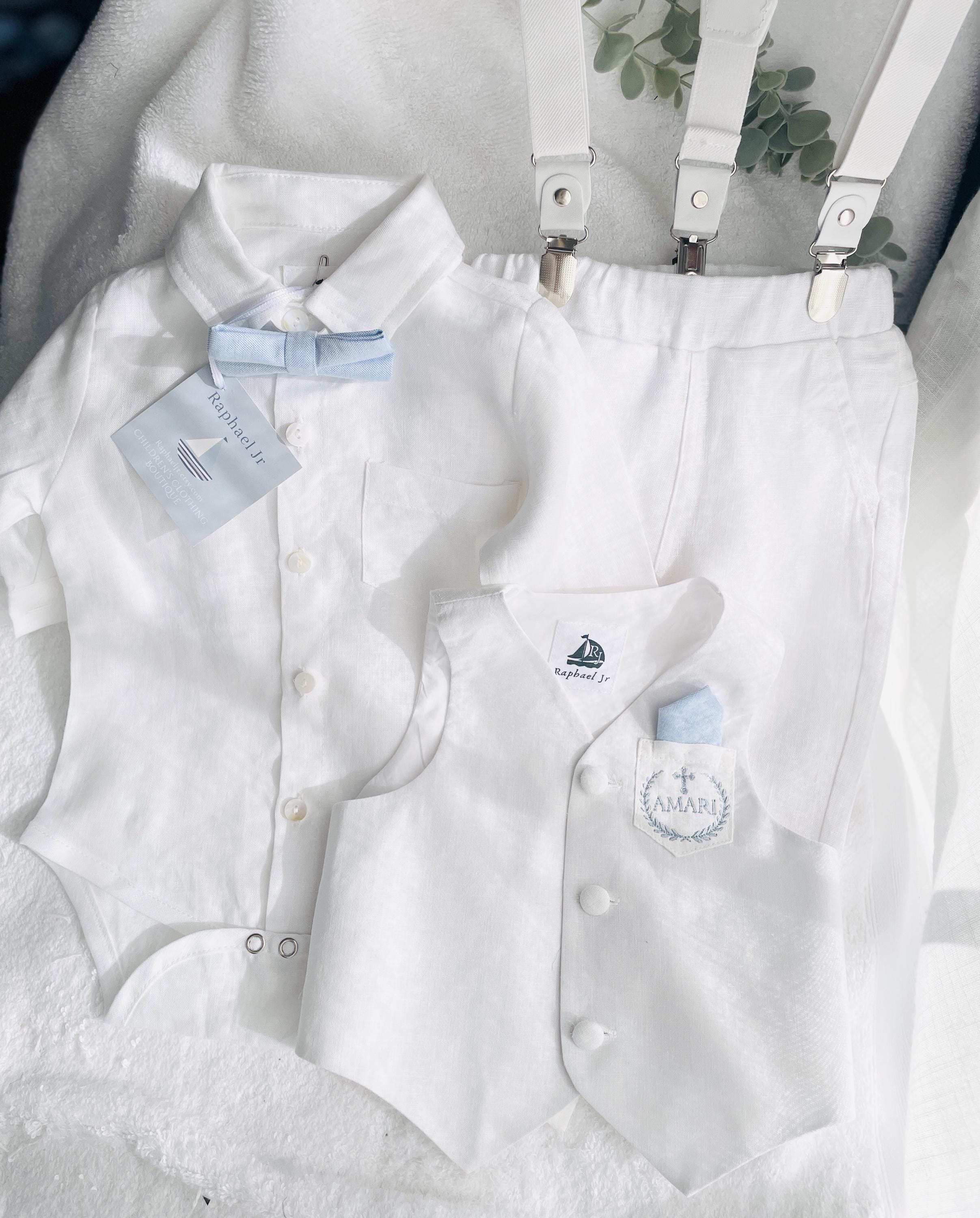Completo Gentiluomo Per Bambino Geagodelia - Body Camicia Con Papillon E Pantaloncini Con Bretelle - Battesimo E Cerimonia 0-24 Mesi
