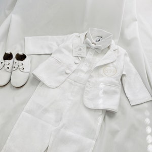 Boys white linen shirt, linen pants, suspenders and bow tie baptism christening outfit with optional shoes,cap,embroidery, jacket Outfit+ jacket shoes