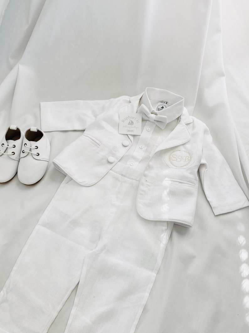 Boys white linen shirt, linen pants, suspenders and bow tie baptism christening outfit with optional shoes,cap,embroidery, jacket Outfit+ jacket shoes