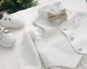 boys Baptism outfit with White Linen vest waistcoat, shirt, pants, suspenders and bowtie with optional shoes, cap, jacket, bunny