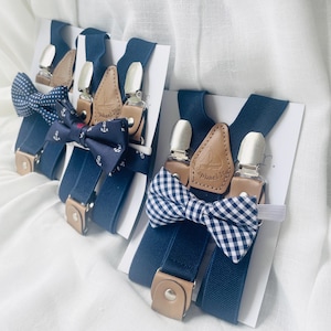 Navy blue and tan brown children&#39;s suspenders with matching navy blue anchors, dots or gingham check bow tie