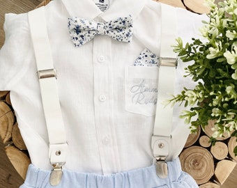 Boys blue and white Baptism birthday wedding outfit with white linen shirt, blue pants, white suspenders, bow tie and optional jacket, cap,