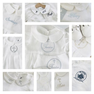 Linen Baptism peter pan collar romper outfit with optional embroidery customisation image 4