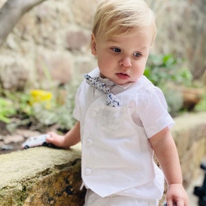 Boys summer linen Baptism outfit with White waistcoat, Shirt, Bowtie and linen suspender shorts, optional jacket cap and shoes embroidery