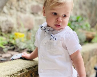 Boys summer linen Baptism outfit with White waistcoat, Shirt, Bowtie and linen suspender shorts, optional jacket cap and shoes embroidery