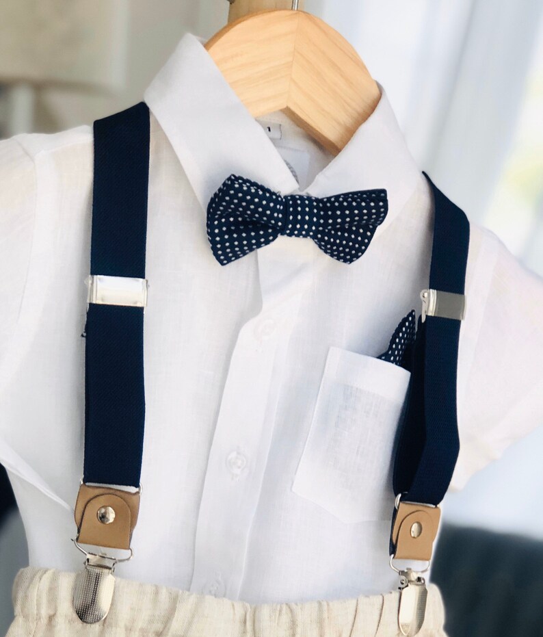 Navy blue children/'s suspenders with blue dot bowtie set fits 6months 6 years