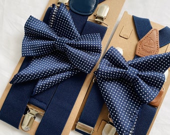 Father son matching navy bow ties and  suspenders set for adult and child