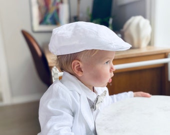 Baby boys white linen flat hat cap sizes 000-6 for baptism christening