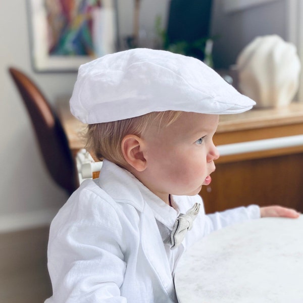 Baby boys white linen flat hat cap sizes 000-6 for baptism christening
