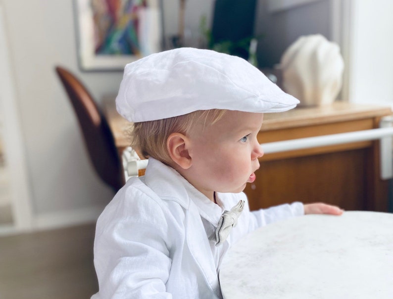 Baby boys white linen flat hat cap sizes 000-6 for baptism christening image 1