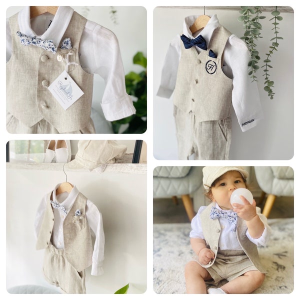 Boys beige linen suit with shirt, pants or shorts, suspenders, vest, bowtie and optional extras including shoes, jacket, cap and embroidery.