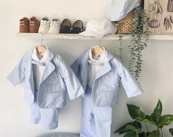 Boys pale blue and beige linen suit with white shirt, blue bowtie and suspenders, pants and Optional jacket, shoes and hat