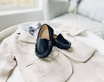 Genuine leather navy blue baby and toddler christening baptism loafers shoes from 0-6m to 2 years.