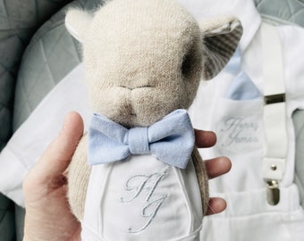Grey fluffy woollen mohair christening bunny rabbit toy in little suit and bow tie to match babys outfit