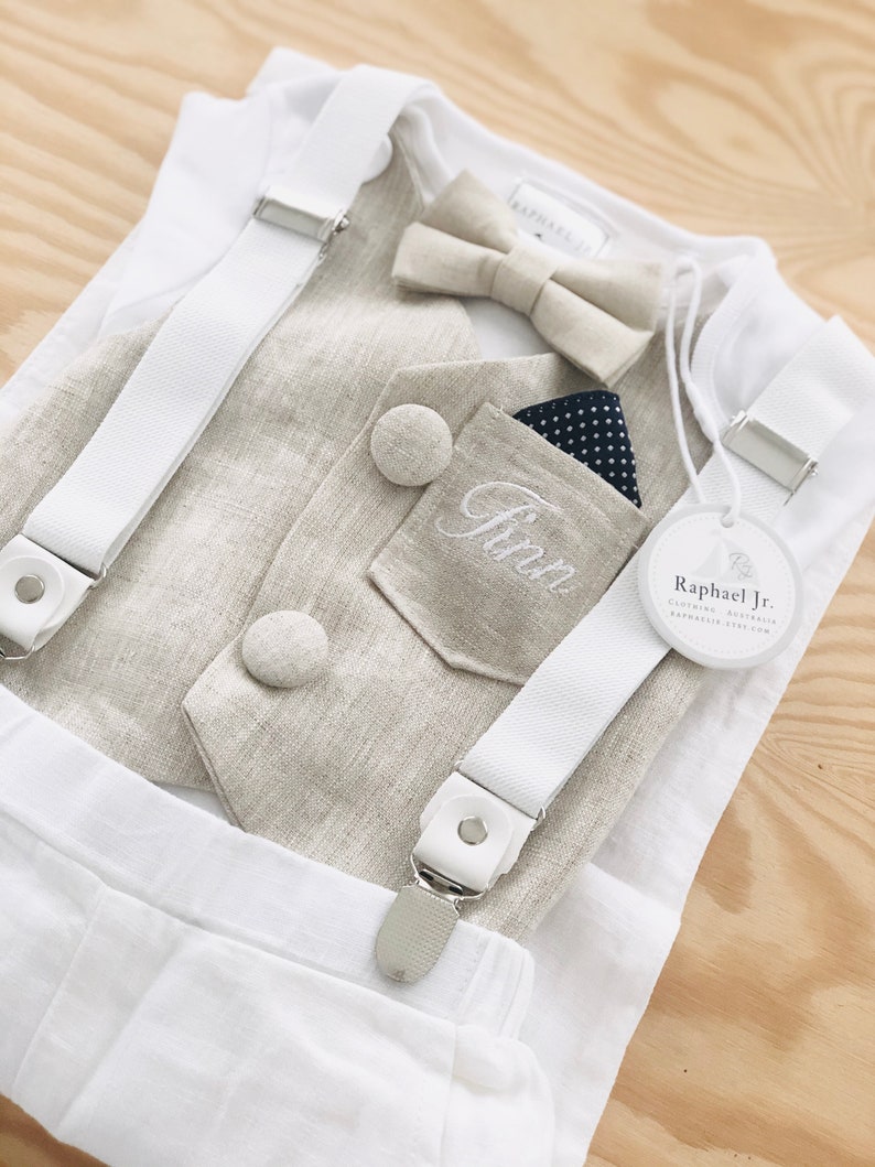 Baby boy linen and cotton winter Baptism outfit with beige Etsy