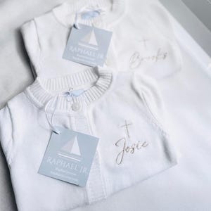 Baby boy or girl white christening baptism cardigan sweater with personalised embroidery monogram