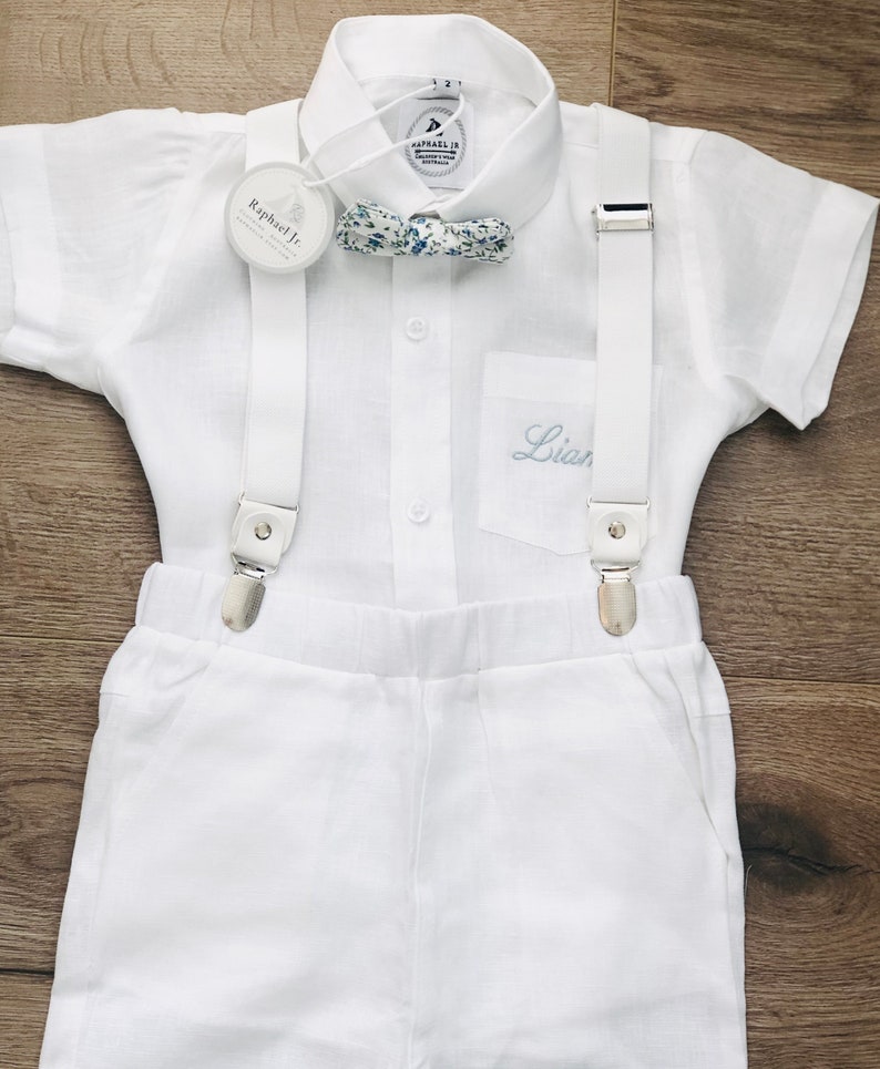 Boys white linen shirt with shorts suspenders and blue floral | Etsy