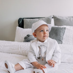 Boys white linen shirt, linen pants, suspenders and bow tie baptism christening outfit with optional shoes,cap,embroidery, jacket image 8