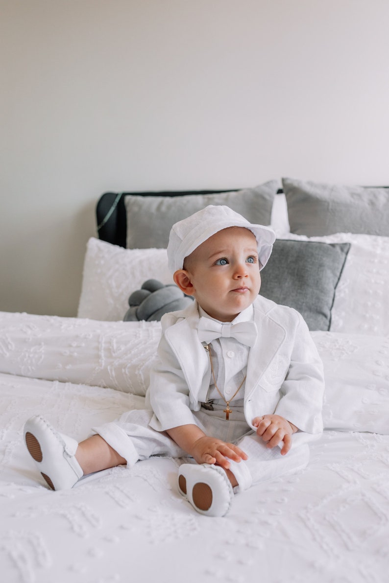 Boys white linen shirt, linen pants, suspenders and bow tie baptism christening outfit with optional shoes,cap,embroidery, jacket image 8