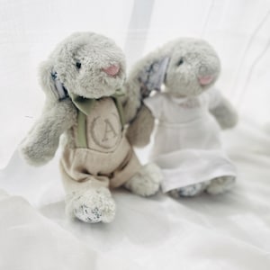 May include: Two plush bunny toys, one wearing a light brown outfit with a green bib and the letter 'A' on the front, and the other wearing a white dress.
