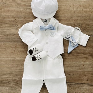 100% linen boys Baptism outfit with White linen vest waistcoat and matching white linen pants, Suspenders and bow tie, optional extras
