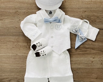 Traje de bautismo para niños 100% lino con chaleco de lino blanco y pantalón de lino blanco a juego, tirantes y pajarita, extras opcionales
