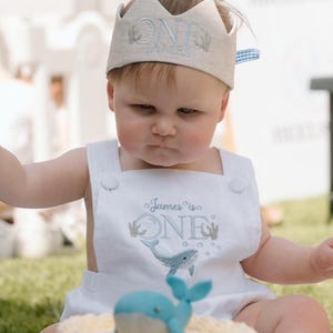 Baby boys linen summer birthday romper with with safari animals, teddy bear, woodland, airplane, balloon Peter rabbit, oneder the sea