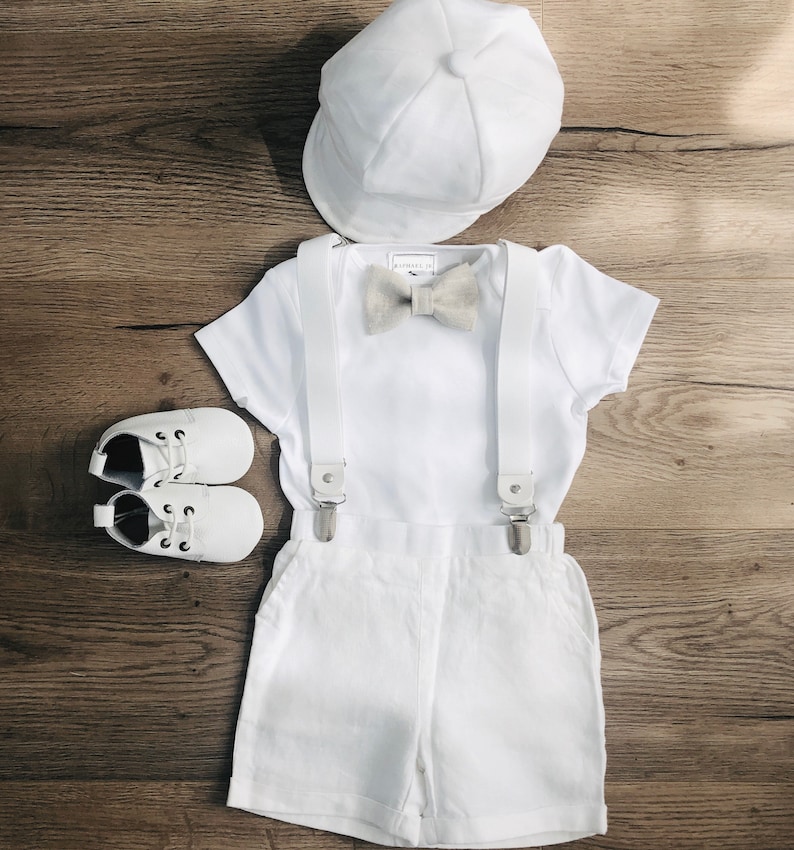 Baby boy Baptism outfit with white linen shorts suspenders Etsy