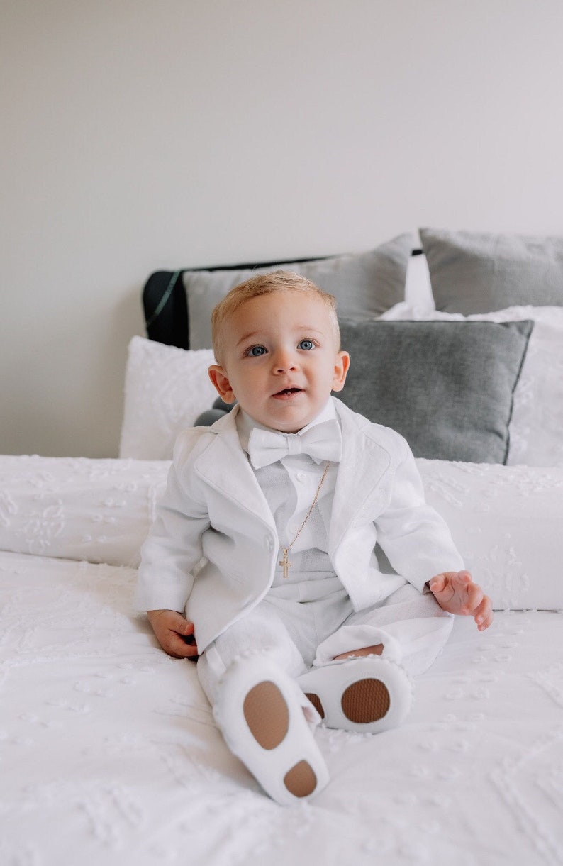 Boys white linen shirt, linen pants, suspenders and bow tie baptism christening outfit with optional shoes,cap,embroidery, jacket image 1