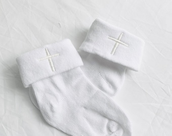 white cotton baby christening baptism socks with cross embroidery and optional name and date