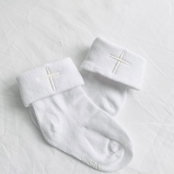 white cotton baby christening baptism socks with cross embroidery and optional name and date
