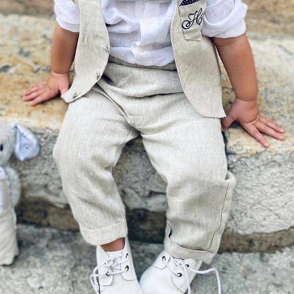 Baby and Toddler Trousers Pants in beige oatmeal neutral natural linen optional suspenders and bowtie