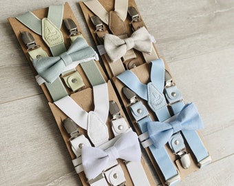 Baby and childrens suspenders and bow ties In Brown, Blue, green, white, Beige, black and optional suspenders set