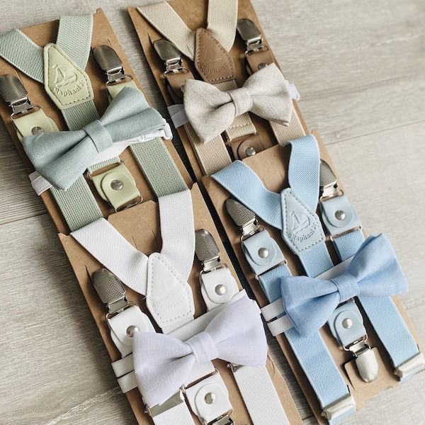 Baby and childrens suspenders and bow ties In Brown, Blue, green, white, Beige, black and optional suspenders set