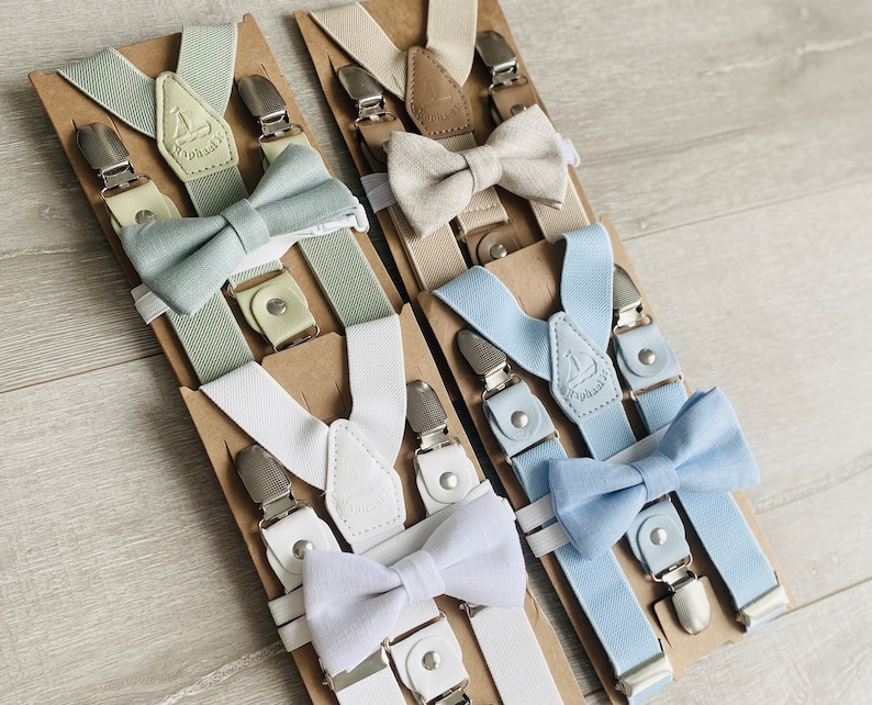 Baby and childrens suspenders and bow ties In Brown, Blue, green, white, Beige, black and optional suspenders set image 1