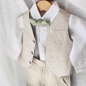 Boys beige linen suit with shirt, pants or shorts, suspenders, vest, bow tie, embroidery and optional shoes, jacket, cap and bunny.
