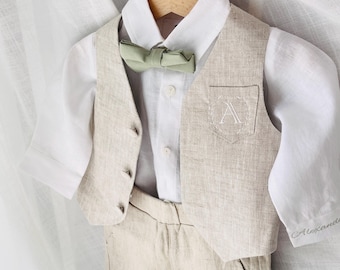 Boys beige linen suit with shirt, pants or shorts, suspenders, vest, bow tie, embroidery and optional shoes, jacket, cap and bunny.