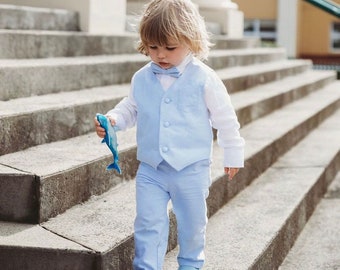 Boys Blue chambray Baptism wedding outfit with blue vest waistcoat, white linen shirt, pants/shorts, suspenders and optional hat, shoes, emb