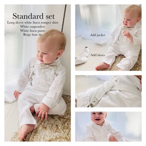 Boys white linen shirt, linen pants, suspenders and bow tie baptism christening outfit with optional shoes,cap,embroidery, jacket image 3