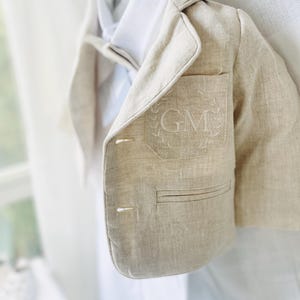 Boys beige linen blazer suitcoat jacket for Baptisms and weddings and birthdays, optional matching bowtie and monogram personalisation