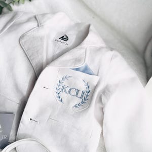 Boys white linen blazer jacket for Baptisms and weddings, optional embroidery, matching bow tie