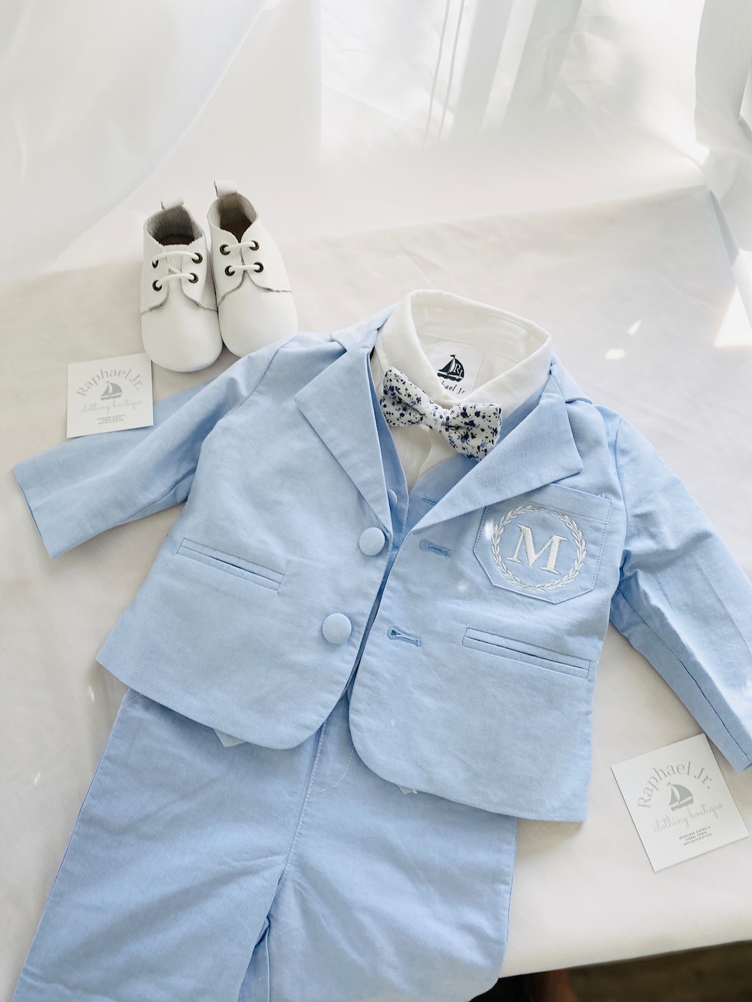 Boys Complete Suit With Baby Blue Shorts,vest,bow Tie,white Linen Shirt