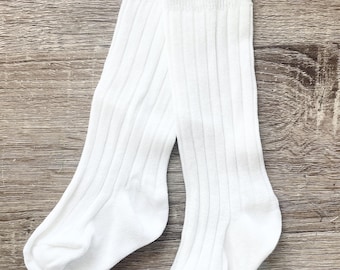 white cotton knee-high baby christening baptism socks with cross embroidery and optional name and date