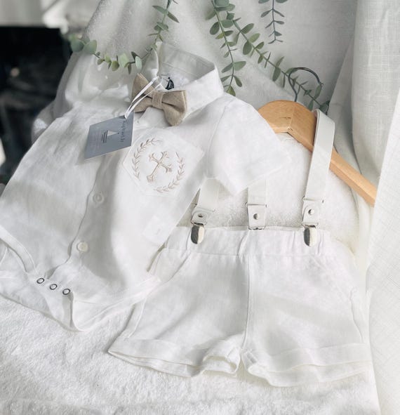 Boys White Linen Summer Baptism Suit Set With Shirt, Shorts