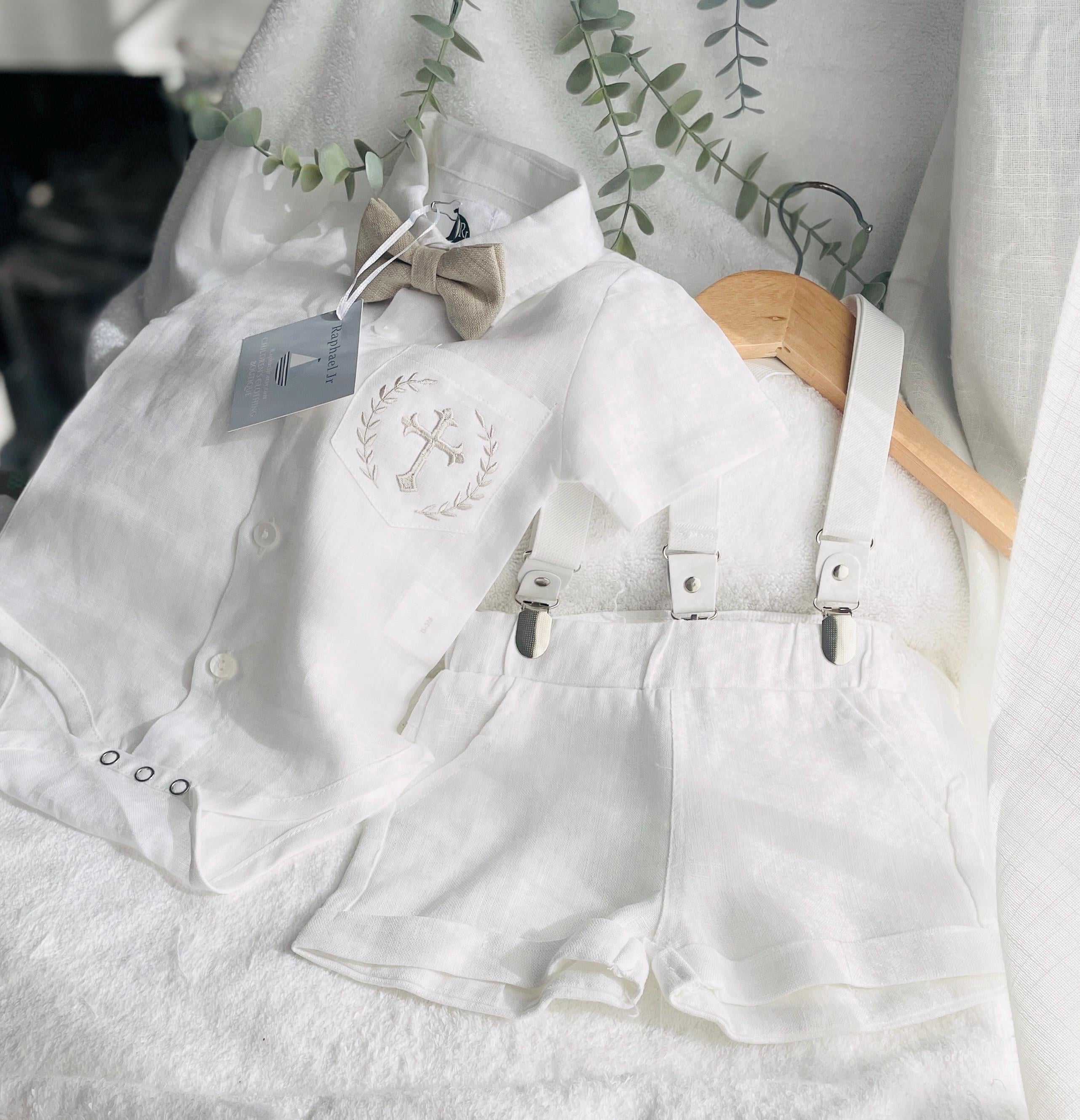 Boys white linen summer Baptism suit set with shirt, shorts, suspenders and bow tie, optional shoes, embroidery, cap, jacket, bunny.