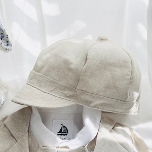 Baby and toddler boys linen newsboy pageboy paperboy beret hat cap, white or beige sizes 0-6m, 6-12m or 1-3 years