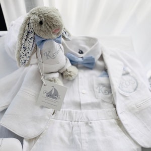 Boys white linen shirt, linen pants, suspenders and bow tie baptism christening outfit with optional shoes,cap,embroidery, jacket outfit+jacket+bunny