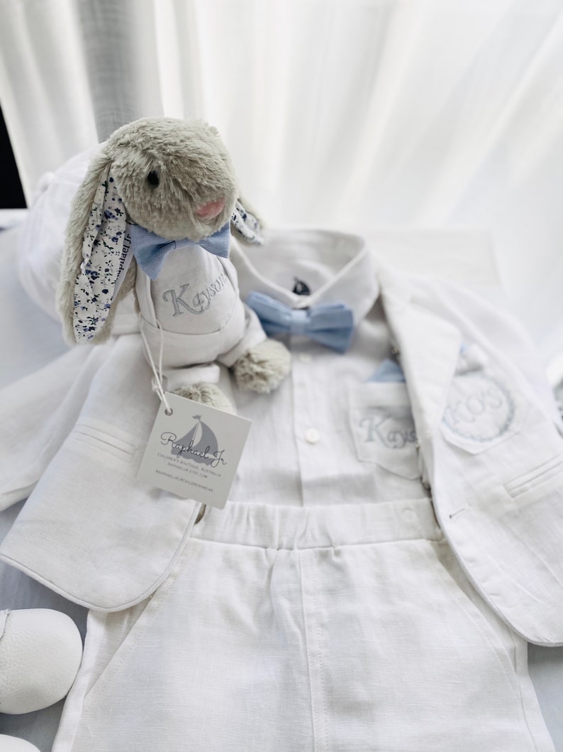 Boys white linen shirt, linen pants, suspenders and bow tie baptism christening outfit with optional shoes,cap,embroidery, jacket outfit+jacket+bunny